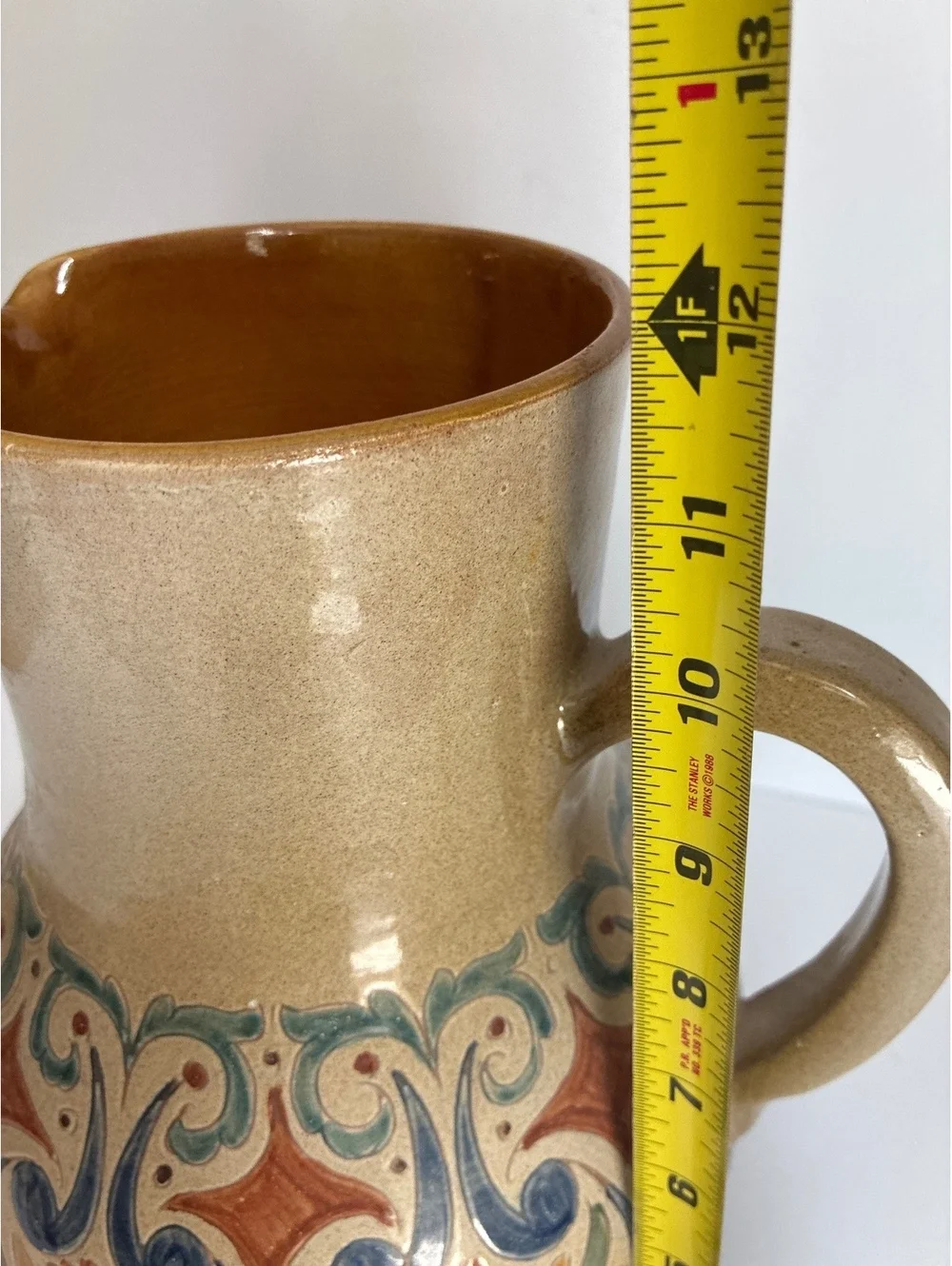 Vintage 12” Hand Painted Art Pottery Jug Majolica Style Floral Pitcher Signed